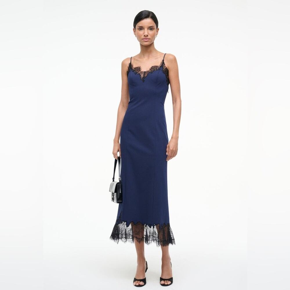Staud Nadia Lace Trim Midi Dress in Navy M